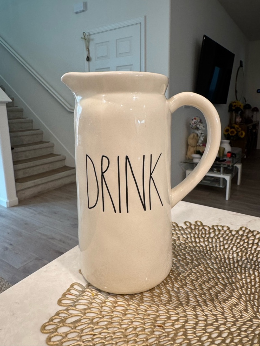 Rae Dunn Cream Ceramic Pitcher with Black "DRINK" Lettering